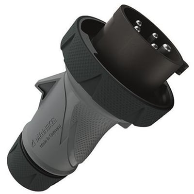 Mennekes PowerTOP Xtra R CEE-stik med 16 A og 5 poler set skråt, med fem synlige kontaktstifter og gråt, sort greb.