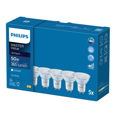 Philips Master LEDspot Value 5-pak med GU10 sokkel, 3,7W, 930 varm hvid, 365 lumen og 36° spredningsvinkel.