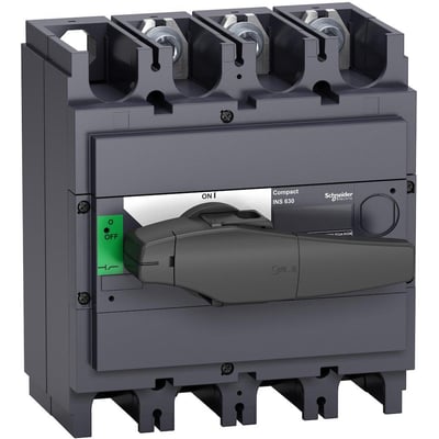 Schneider Electric Compact INS630 lastadskiller med 630A mærkestrøm og 3 poler, vist med sort håndtag i OFF position.