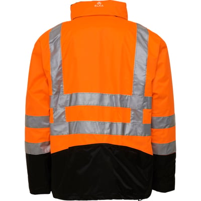 ELKA 2-i-1 jakke i orange og sort, størrelse M, vist bagfra med reflekser og sort bund.