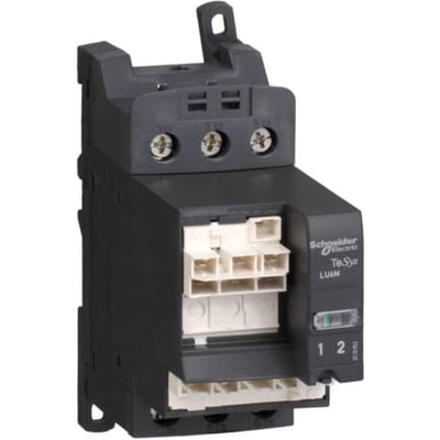 Schneider Electric TeSys LU6MB0BL reverseringsmodul med 24VDC, viser skrueforbindelser og hvid kontaktstik for nem tilslutning.