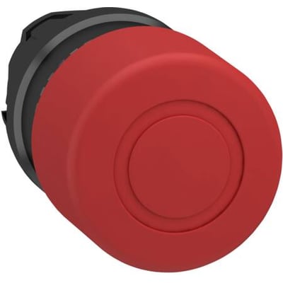 Fron view af Schneider Electric nødstophoved, viser det røde tryk/træk element med en 40mm diameter.