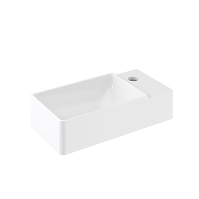Cosmic Left håndvask i hvidt porcelæn/keramik, med firkantet kumme og hanehul, måler 400x150x200 mm.