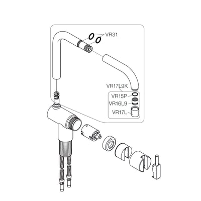 Eksploderet tegning af Vola KV1 servicesæt i børstet krom, viser alle reservedele som o-ringe, patron og diverse beslag.