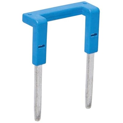 Blå jumper med to metalben og et blåt plasthåndtag til elektriske forbindelser på hvid baggrund.