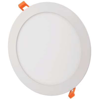 Rundt, hvidt 24 W LED-indbygningspanel med lysflade og synlige orange monteringsclips.