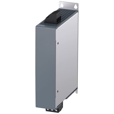 Siemens SINAMICS S210 EMC filter C2, 65A 400V 3AC i rammestørrelse FSA-FSC, set fra siden med monteringsbeslag og klemrækker.