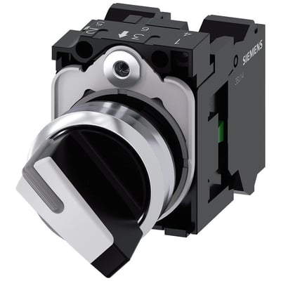 Siemens 22 mm rund omskifter med metalhus i sort og hvid, med 1NO-1NC kontakt og fjederreturfunktion.