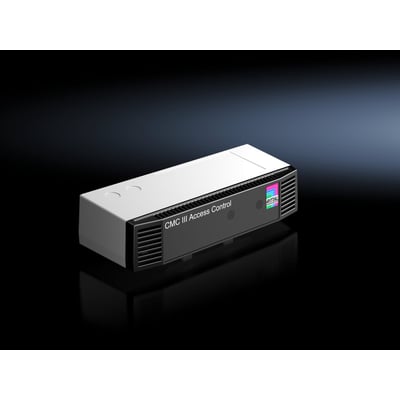 Detaljebillede af Rittal CMC III Access Control enhed, vist med reflektioner på den sorte, skinnende overflade.