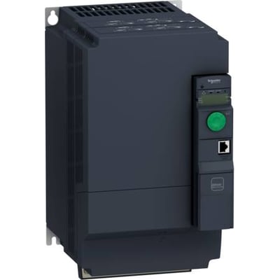 Schneider Electric ATV320 frekvensomformer på 11kW og 3x400V, vist fra siden med en grå kappe og kontrolpanel.