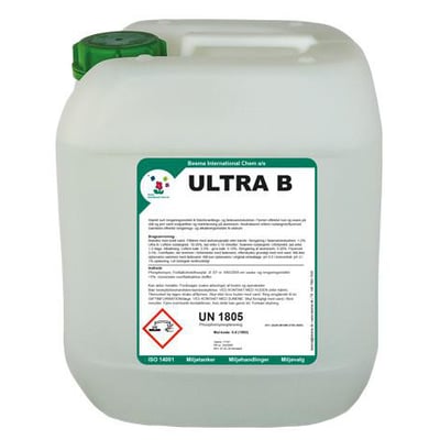 Besma Kalkfjerner Ultra B i en 5 liters hvid plastdunke med grønt låg, klar til brug som fælgerens og aluminiumsrens.
