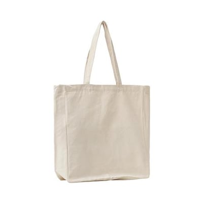 ID Identity bomuldspose i off white med lange håndtag, måler 42x38x12 cm og har forstærkede syninger.