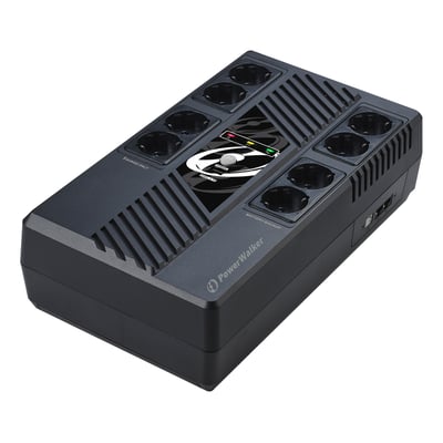 PowerWalker VI 800 MS UPS Schuko set fra toppen, viser otte Schuko-stik og et LED-display med statusindikatorer.