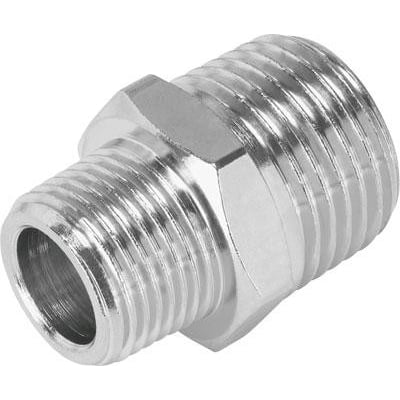 Festo dobbeltnippel NPFC-D-2R14-M i forniklet messing med udvendige gevind på begge sider, fremviser robust konstruktion.