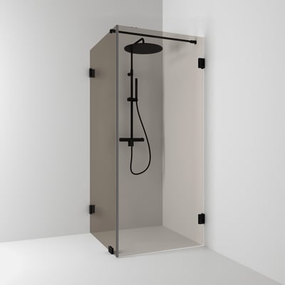 Svedbergs kombi brusehjørne på 100x200x100 cm med bronzefarvede glasflader og matsorte beslag.