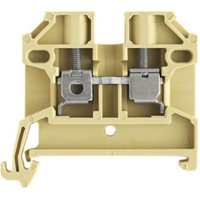 Nærbillede af en beige Weidmüller SAK 2,5/35 PA gennemgangsklemme med synlige skrueterminaler til 2,5mm² ledere.