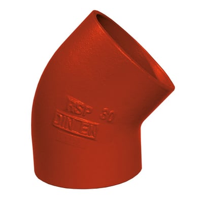 Rød SML bøjning i støbejern med 83 mm diameter og 45° vinkel, mærket RSP 30 DIN EN.