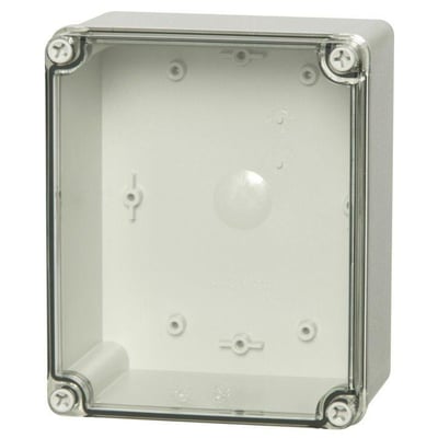 Fibox Piccolo kasse i polycarbonat med målene 170x140x95 mm og et transparent dæksel med skruer.