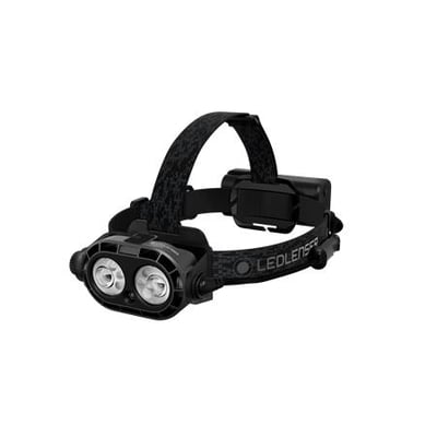 Ledlenser H21R genopladelig pandelampe med sort pandebånd, to synlige linser og batteri bag på hovedet.