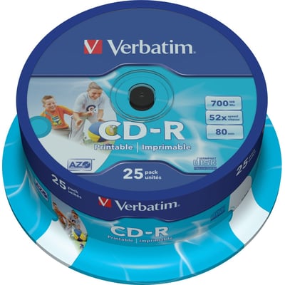 Verbatim CD-R-medie på spindel med blå, printbar overflade, 700 MB kapacitet og 52x indspilningshastighed.