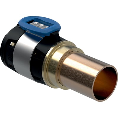 Geberit FlowFit overgang 20x15mm i siliciumbronze og kobber monteret på et kobberrør, med blå aktiveringsclips.