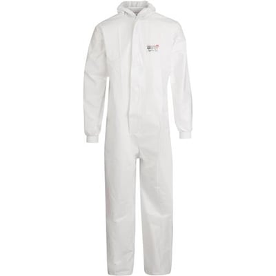 Hvid Boisen Safety Worklife Safe 56 heldragt i størrelse 4XL med hætte, lynlås og elastik ved manchetter og ankler.