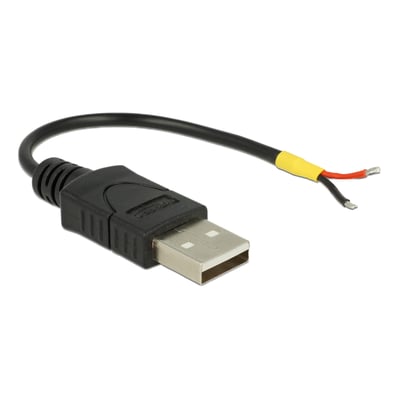 Delock USB 2.0-kabel på 10 cm med sort Type-A-hanstik og røde og sorte åbne ledere til 5 V.