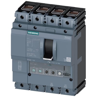 Siemens 4-polet maksimalafbryder 3VA2, 100A, 55kA ved 415V med ETU330 linjebeskyttelse, grå med sort håndtag og tydelig mærkning.