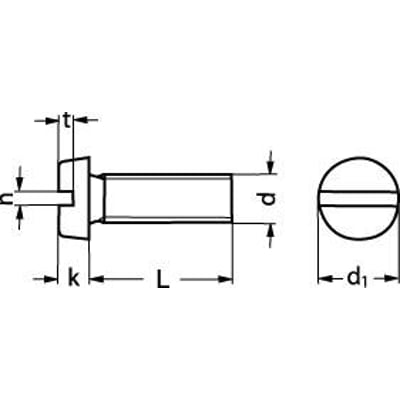 Teknisk tegning af maskinskrue M6x12 DIN 84 med cylindrisk hoved og lige kærv samt dimensioner.