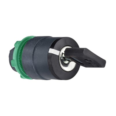 Schneider Electric nøglegreb med 3 faste positioner i sort kunststof, med en grøn fastgørelsesring og en sort nøgle isat.