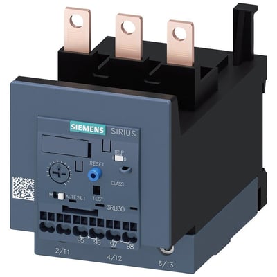Siemens Sirius S3 overbelastningsrelæ med justeringsområde 32-115A og klasse 20E på sort baggrund.