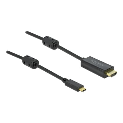 Sort aktivt Delock USB Type-C til HDMI-kabel med synlige stik og cylindriske buler på kablet, 5 meter og 4K ved 60 Hz.