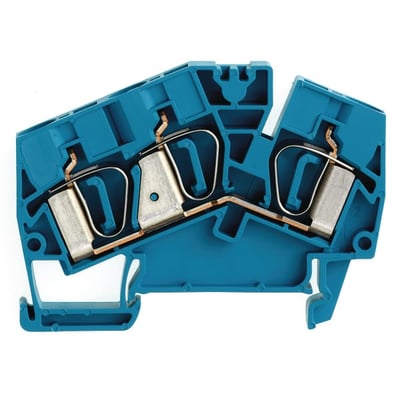 Weidmüller gennemgangsklemme ZDU 6-2/3AN BL i blå plast med synlige fjederterminaler til 6 mm² ledere på hvid baggrund.