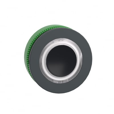 Schneider Electric ZB5FW913 flush trykhoved med LED-ring og hvid overflade, vist fra oven på en hvid baggrund.
