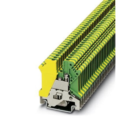 Detalje af Phoenix Contact USLKG 3 jordklemme monteret på DIN-skinne, viser skruetilslutning og gul/grøn farvekodning.