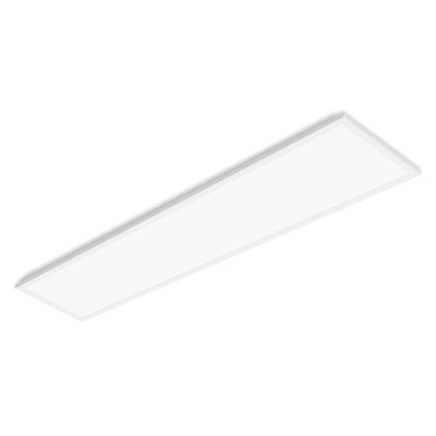 Hvidt, rektangulært LEDVANCE Panel Compact LED-panel med Multi Select, 4200 lm og 30 W, set skråt ovenfra.