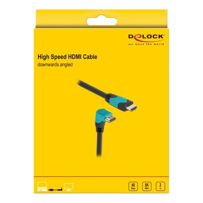 DeLock High Speed HDMI kabel med 90° nedadvinklet stik og 2m længde, 48Gbps, 8K 60Hz, præsenteret i gul emballage.