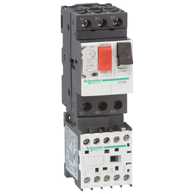 Schneider Electric kombistarter GV2ME med justerbar strømindstilling og integreret stop/start knap, monteret på en kontaktor med 24V DC spole.