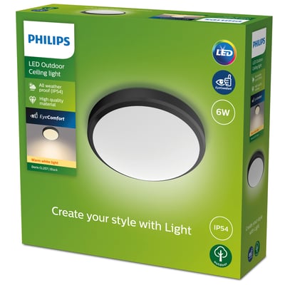 Philips Lighting Doris loftlampe i sort, 6W, 2700K, 600 lm og IP44 klassificeret, vist i original emballage med produktinformation.