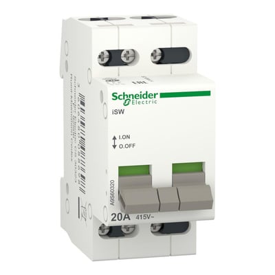 Frontbillede af Schneider Electric Acti9 iSW lastafbryder, 20A, 415V, med synlige betjeningshåndtag og mærkat med information.