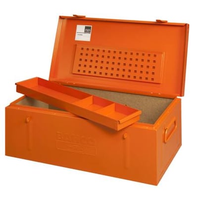 Bahco opbevaringskasse i orange metal med låg åbent, viser en udtrækkelig bakke og indre rum.