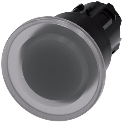 Siemens SIRIUS ACT paddehattrykknap i klar plast, 22mm, med 40mm diameter og låsemekanisme.