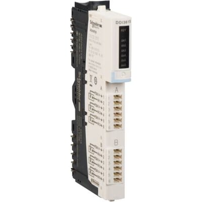 Schneider Electric STB-tilslutningsmodul med seks digitale indgange og 24VDC, vist fra venstre med mærkat og terminaler.