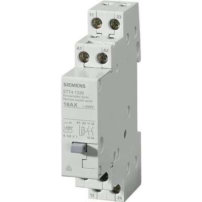 Siemens kiprelæ med central ON/OFF, 230 V og 16 A, vist forfra og fra siden med synlige tilslutningsklemmer.