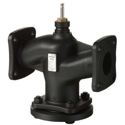 Siemens VVF42.15-2.5 2-vejs ventil med flange, PN16 og DN15, vist med stamme og messingkobling.