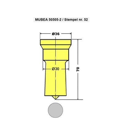 Stempel Mubea 50505-2 i gul med måltegninger, der viser Ø36mm, Ø30mm og en højde på 70mm.