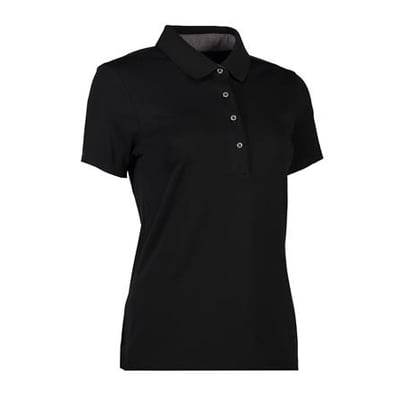 Detaljebillede af Seven Seas Interlock Polo shirt til damer, viser kraven og knapperne på den sorte model.