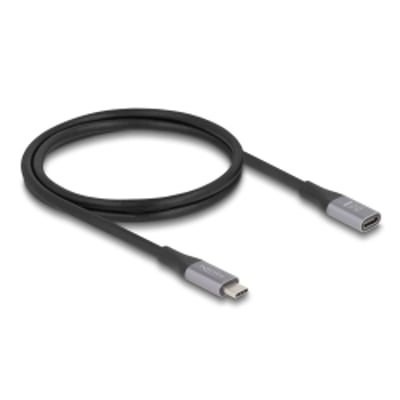 Sort 1 meter DeLock USB 40 Gbps forlængerkabel med USB-C han til hun stik og metalhus.