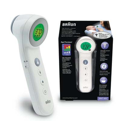 Braun No Touch + Touch termometer hvidt design med grøn skærm, der viser 37.0 grader, ved siden af sin produktæske.