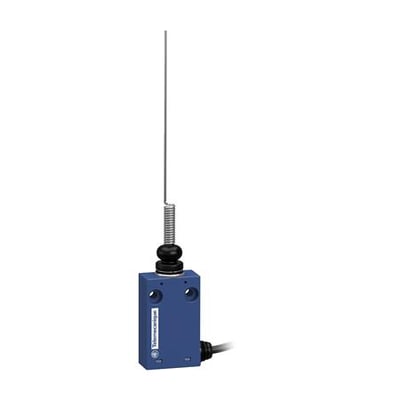 Telemecanique Sensors XCMH2106L2 miniature-endestopkontakt med blå kontaktkasse, knurhårsarm og sideført kabel.